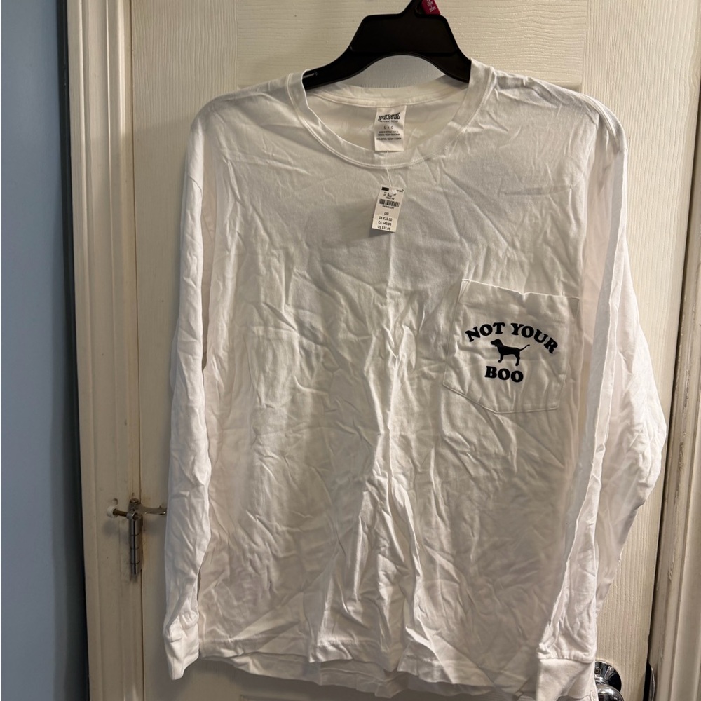 PINK Victoria's Secret White Long Sleeve Tee with Graphic Pocket
